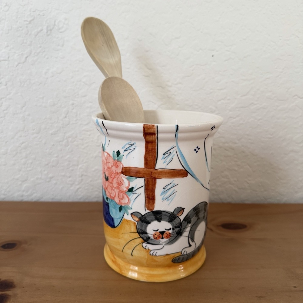 Cat Crock Utensil Holder Ceramic Hand Painted Cat Lady Gift Grandma Cottage